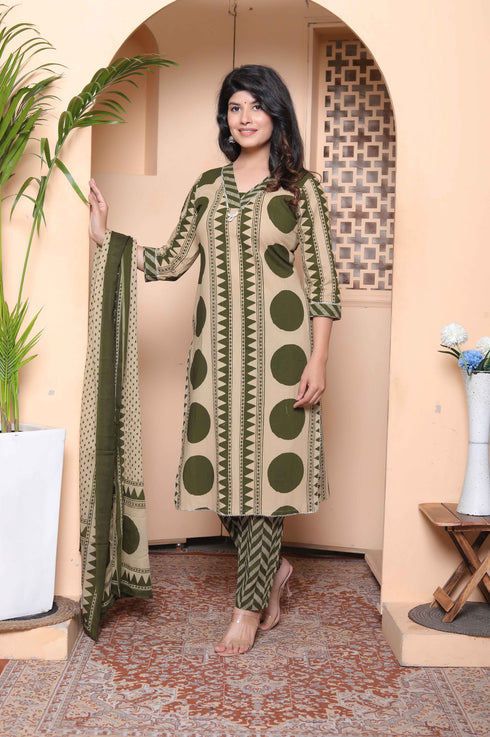 Miravan Womens Polka Dot Printed V Neck Kurta with Palazzo and Dupatta Set