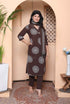 Miravan Womens Animal Print Cotton Brown Stitched Kurta Palazzo With Dupatta set