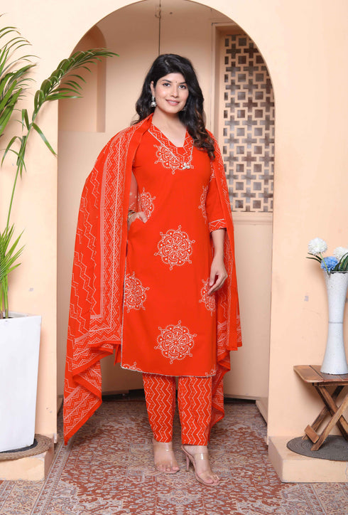 Miravan Womens floral printed Straight Fit Kurta with Palazzo and Dupatta Orange