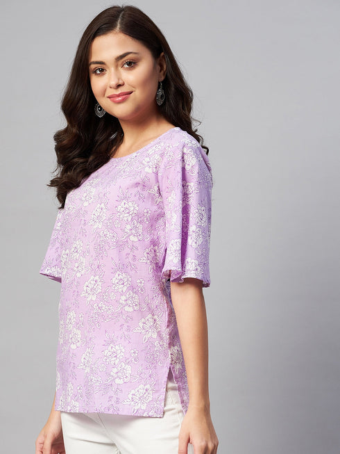 Miravan Womens Lavender Coloured Bell Sleeve Floral Print Kurti