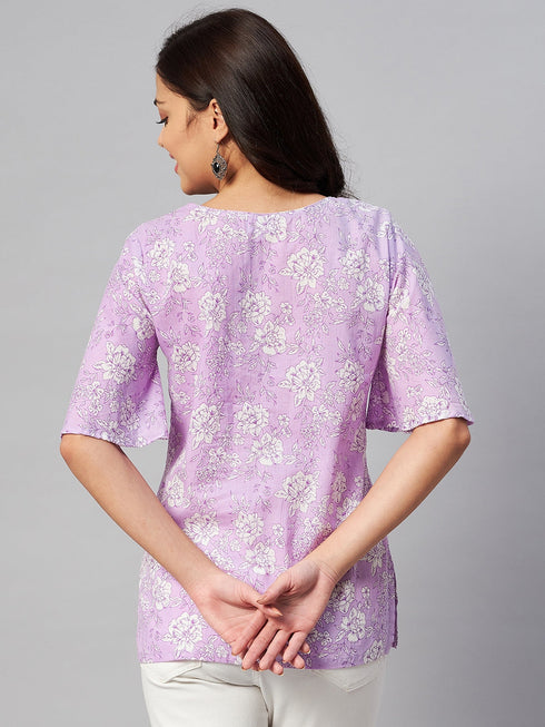 Miravan Womens Lavender Coloured Bell Sleeve Floral Print Kurti