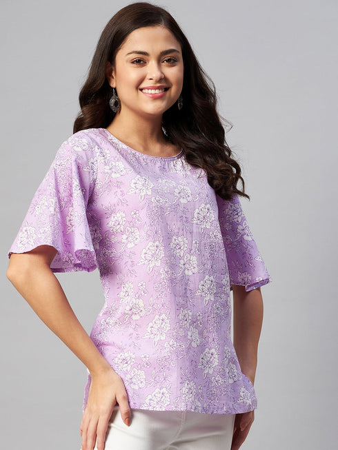 Miravan Womens Lavender Coloured Bell Sleeve Floral Print Kurti