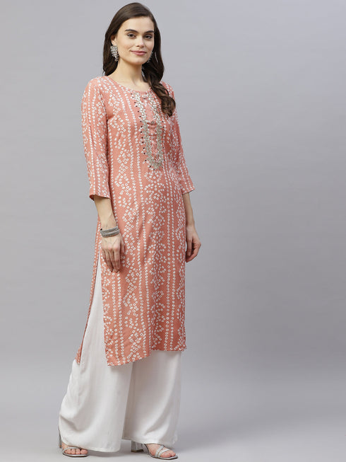 Miravan Womens Printed and Embroidered Straight Rayon Peach Kurti
