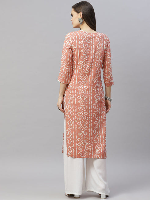 Miravan Womens Printed and Embroidered Straight Rayon Peach Kurti