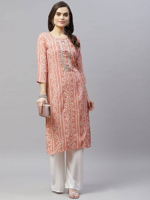 Miravan Womens Printed and Embroidered Straight Rayon Peach Kurti