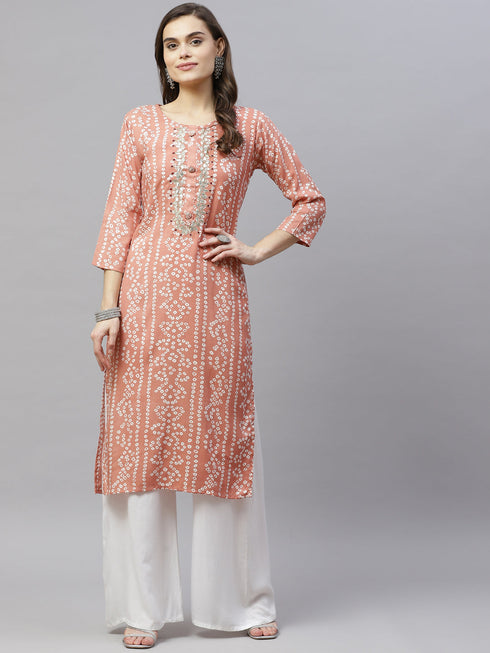 Miravan Womens Printed and Embroidered Straight Rayon Peach Kurti