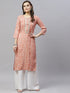 Miravan Womens Printed and Embroidered Straight Rayon Peach Kurti