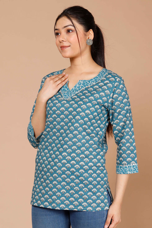 Miravan Womens Blue Floral Printed Pure Cotton Regular Top