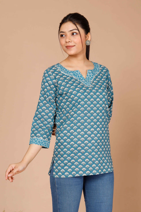 Miravan Womens Blue Floral Printed Pure Cotton Regular Top