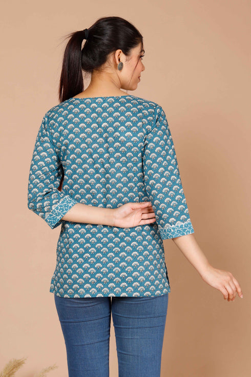 Miravan Womens Blue Floral Printed Pure Cotton Regular Top