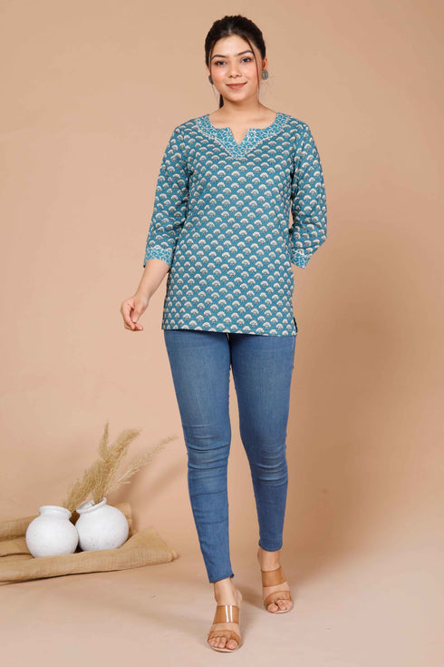 Miravan Womens Blue Floral Printed Pure Cotton Regular Top