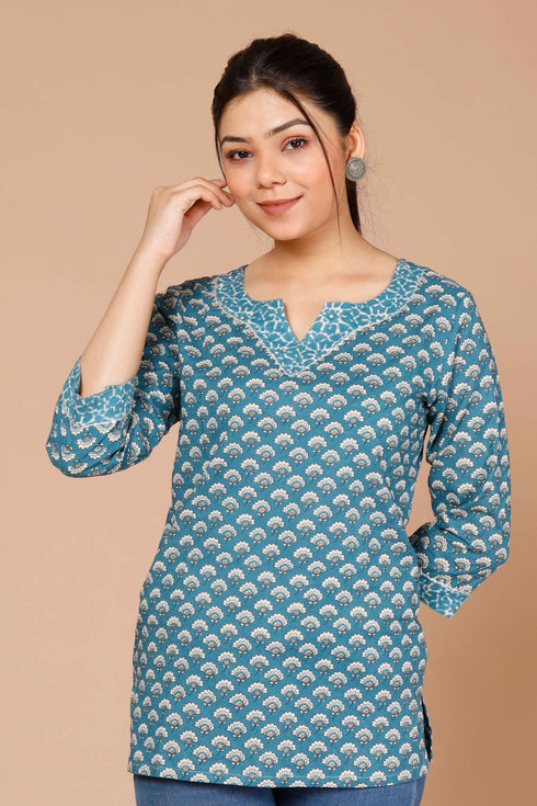 Miravan Womens Blue Floral Printed Pure Cotton Regular Top