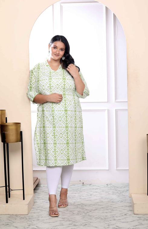 Miravan Womens Plus Size White And Green Tie Dye Cotton Kurti