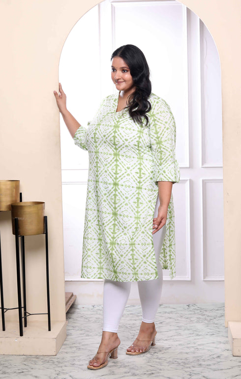 Miravan Womens Plus Size White And Green Tie Dye Cotton Kurti