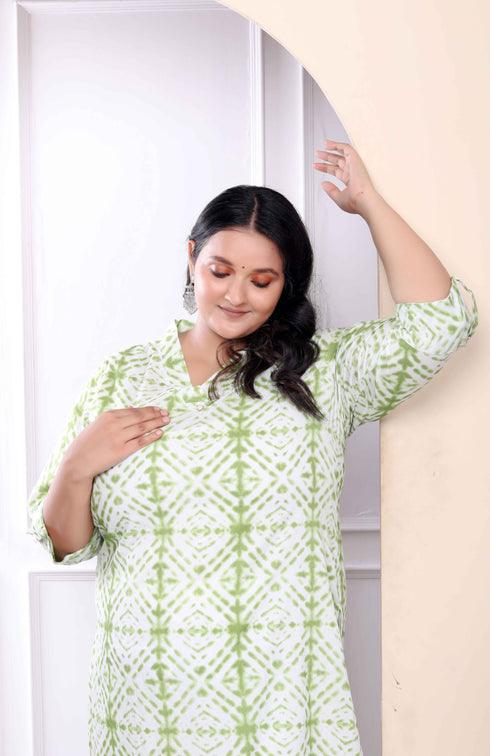 Miravan Womens Plus Size White And Green Tie Dye Cotton Kurti