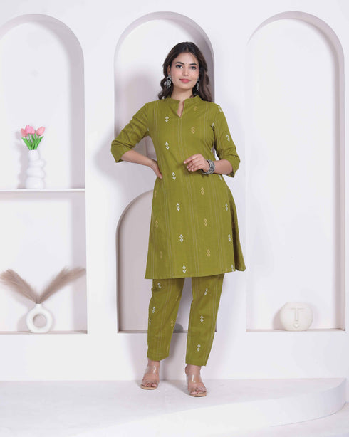 Miravan Womens green Printed Cotton Straight Kurta with Palazzo