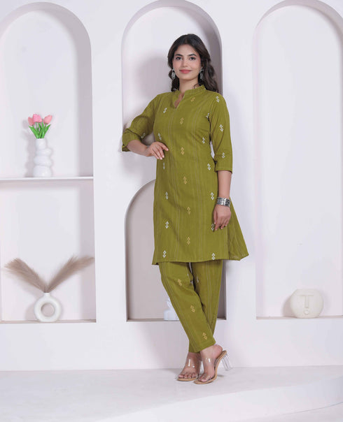 Miravan Womens green Printed Cotton Straight Kurta with Palazzo