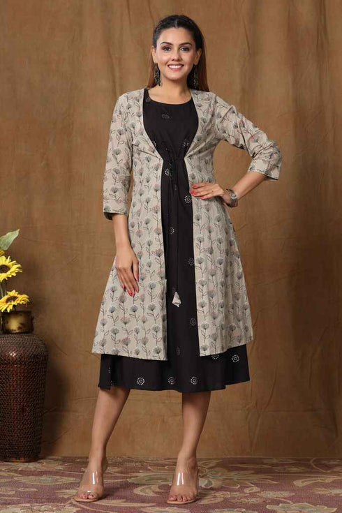 Miravan Womens Black Cotton Floral Printed A Line Kurta With Jacket
