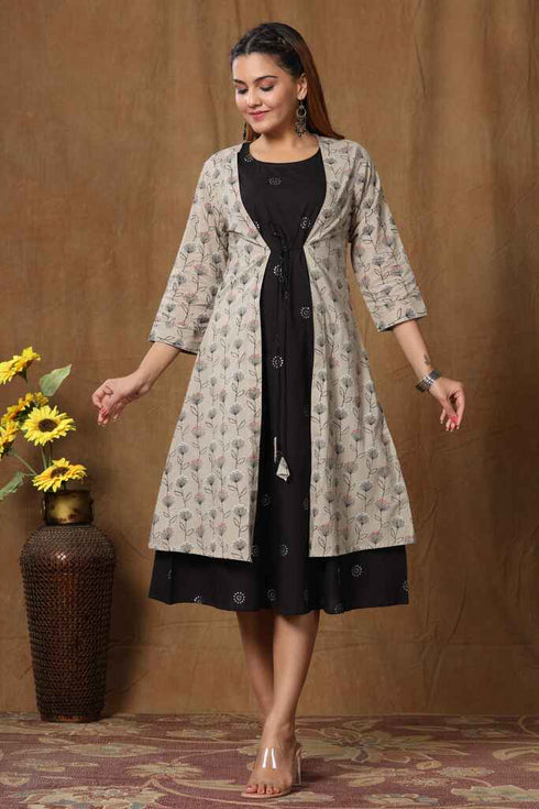 Miravan Womens Black Cotton Floral Printed A Line Kurta With Jacket