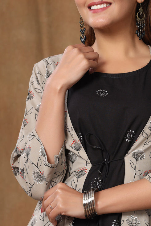 Miravan Womens Black Cotton Floral Printed A Line Kurta With Jacket
