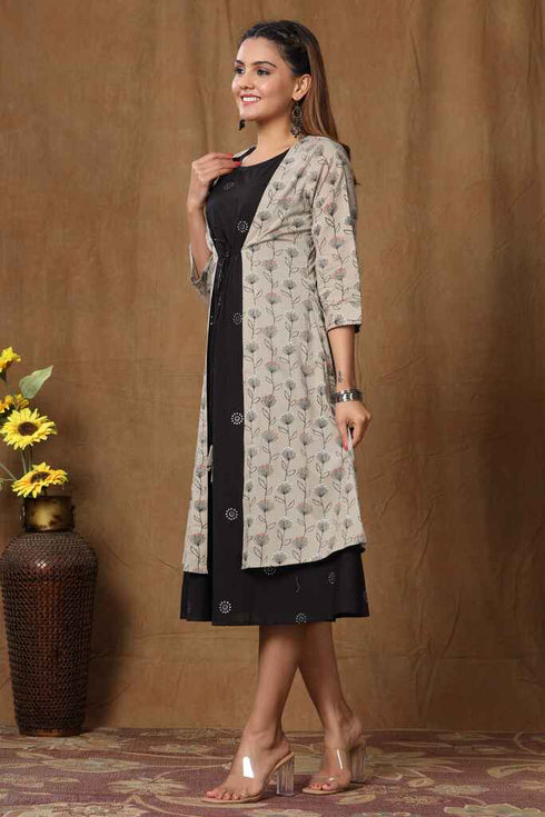Miravan Womens Black Cotton Floral Printed A Line Kurta With Jacket