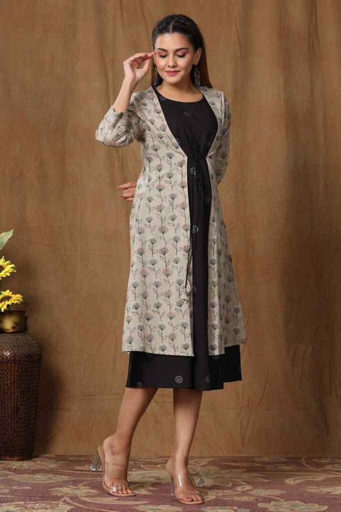 Miravan Womens Black Cotton Floral Printed A Line Kurta With Jacket