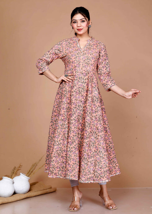 Miravan Womens Orange Cotton Floral Printed Anarkali Kurta For