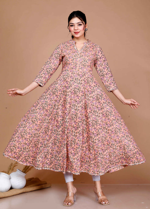 Miravan Womens Orange Cotton Floral Printed Anarkali Kurta For