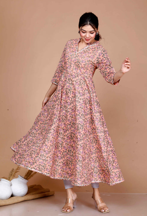 Miravan Womens Orange Cotton Floral Printed Anarkali Kurta For