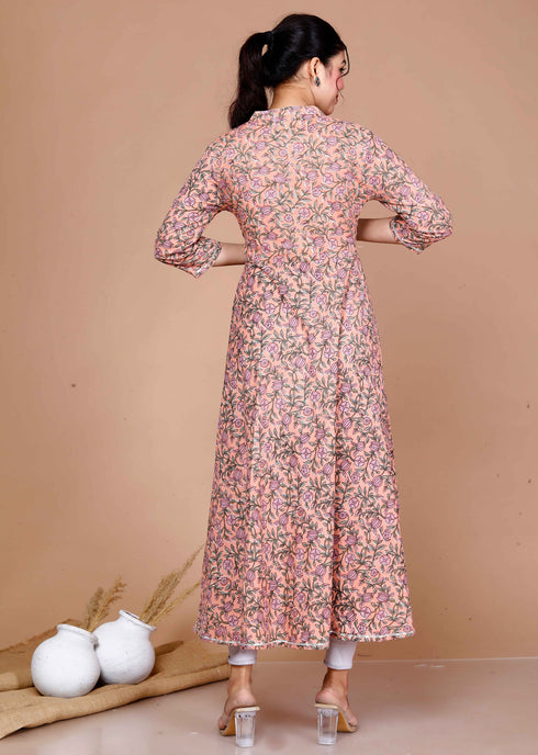 Miravan Womens Orange Cotton Floral Printed Anarkali Kurta For