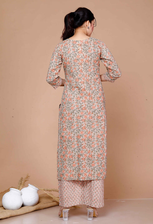 Miravan WomenS Brown Pure Cotton Printed Straight Kurta And Palazzo