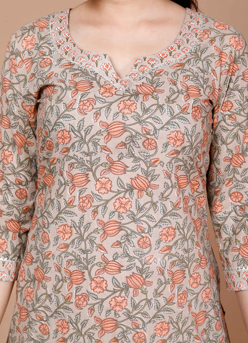 Miravan WomenS Brown Pure Cotton Printed Straight Kurta And Palazzo