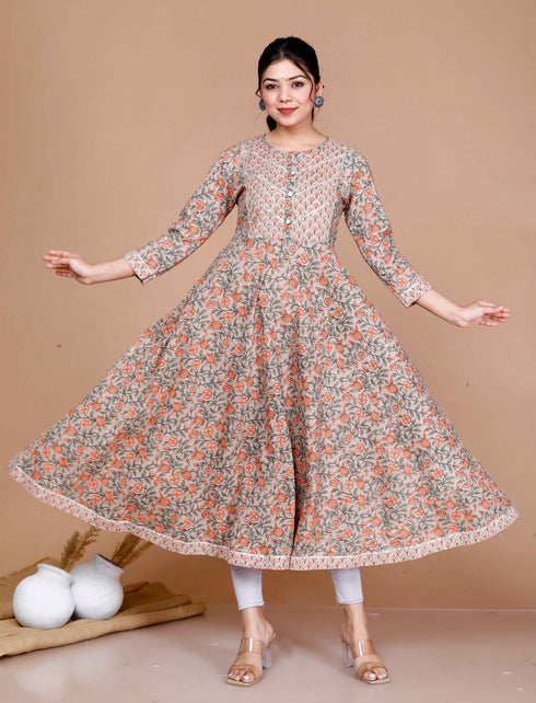 Miravan WomenS Brown Cotton Floral Printed Anarkali Kurta For