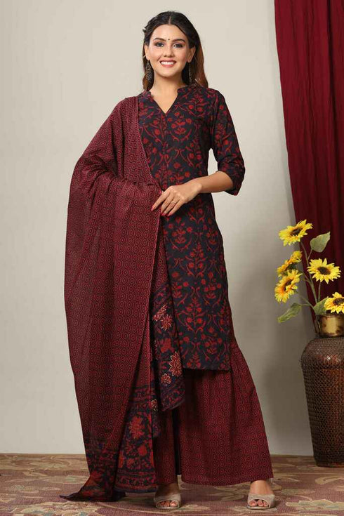 Miravan Womens Pure Cotton Printed Straight Kurta And Sharara With Dupatta Set