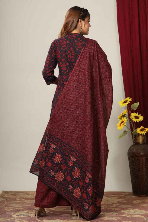 Miravan Womens Pure Cotton Printed Straight Kurta And Sharara With Dupatta Set