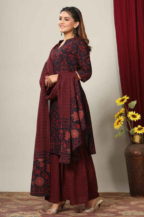 Miravan Womens Pure Cotton Printed Straight Kurta And Sharara With Dupatta Set