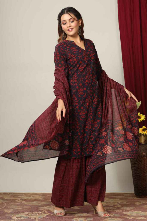 Miravan Womens Pure Cotton Printed Straight Kurta And Sharara With Dupatta Set