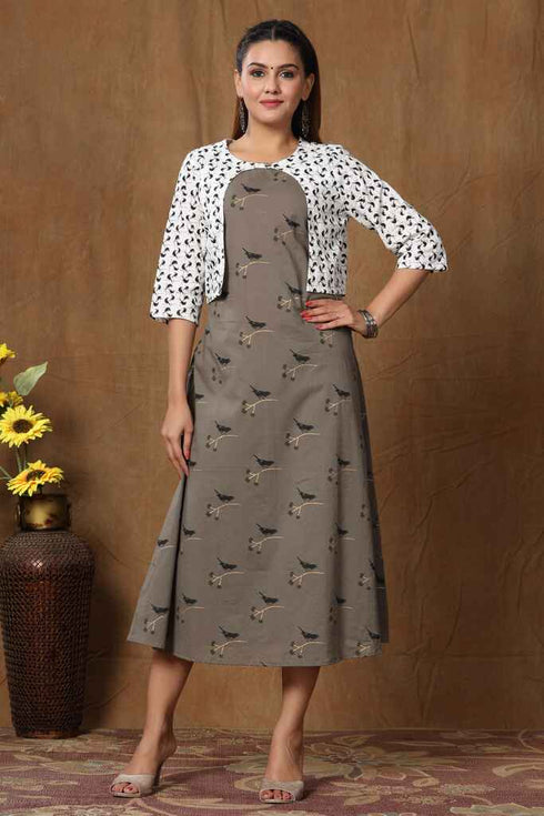 Miravan Womens Grey Bird Printed A Line Kurta and Short Jacket
