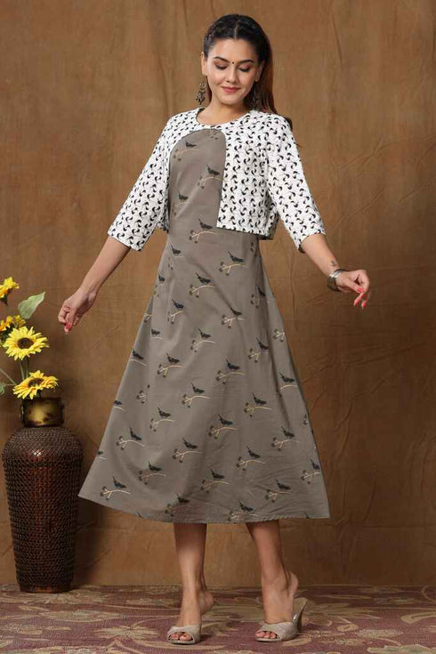 Miravan Womens Grey Bird Printed A Line Kurta and Short Jacket