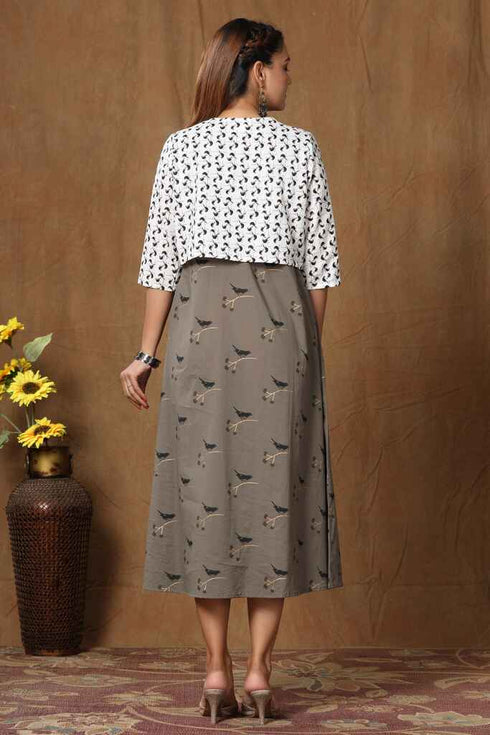 Miravan Womens Grey Bird Printed A Line Kurta and Short Jacket
