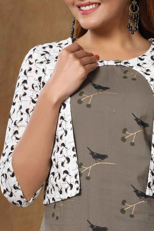 Miravan Womens Grey Bird Printed A Line Kurta and Short Jacket