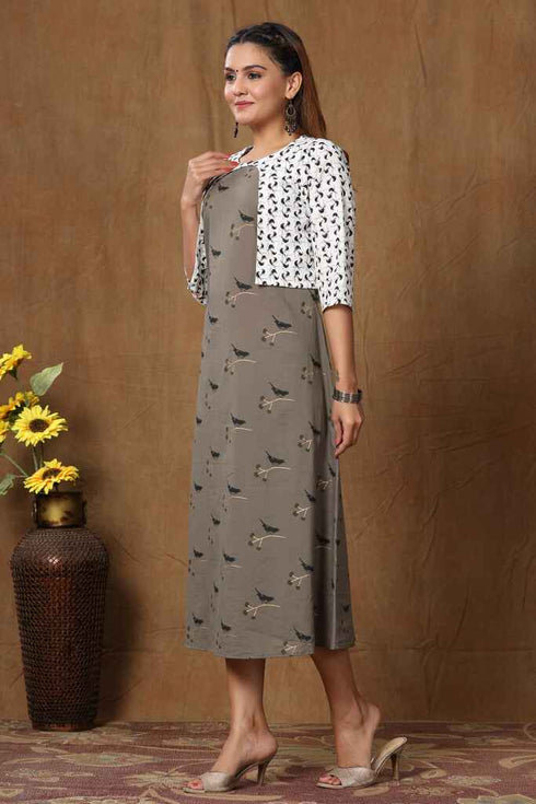 Miravan Womens Grey Bird Printed A Line Kurta and Short Jacket