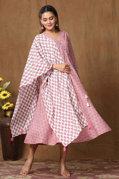 Miravan Womens Pink Floral Printed Pure Cotton Kurta With Dupatta Set