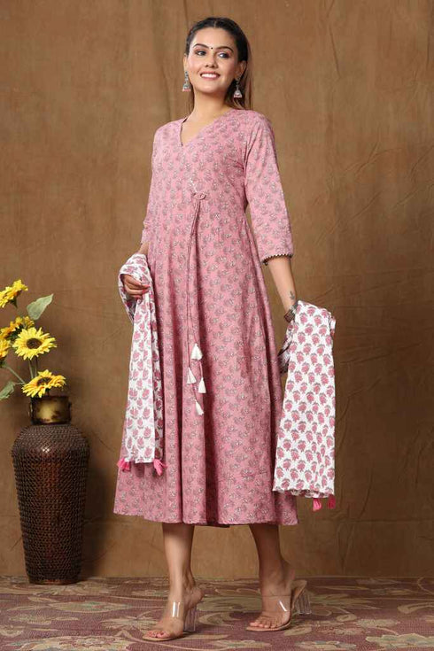 Miravan Womens Pink Floral Printed Pure Cotton Kurta With Dupatta Set