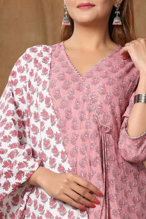 Miravan Womens Pink Floral Printed Pure Cotton Kurta With Dupatta Set