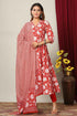 Miravan Womens Red Floral Printed Gotta Patti Pure Cotton Kurta With Dupatta Set