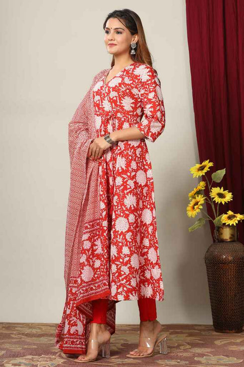 Miravan Womens Red Floral Printed Gotta Patti Pure Cotton Kurta With Dupatta Set