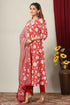 Miravan Womens Red Floral Printed Gotta Patti Pure Cotton Kurta With Dupatta Set