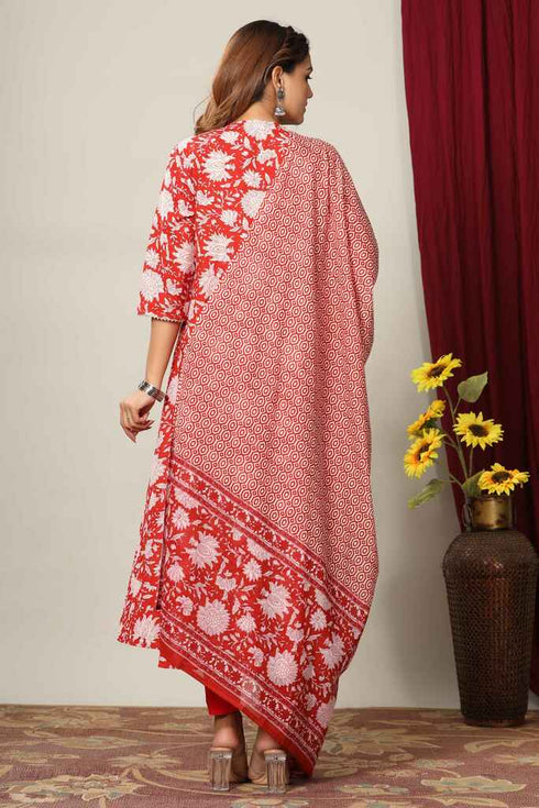 Miravan Womens Red Floral Printed Gotta Patti Pure Cotton Kurta With Dupatta Set