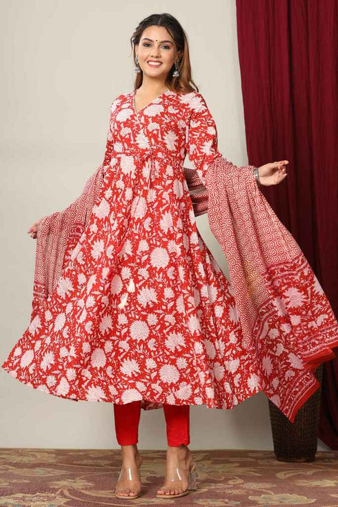 Miravan Womens Red Floral Printed Gotta Patti Pure Cotton Kurta With Dupatta Set